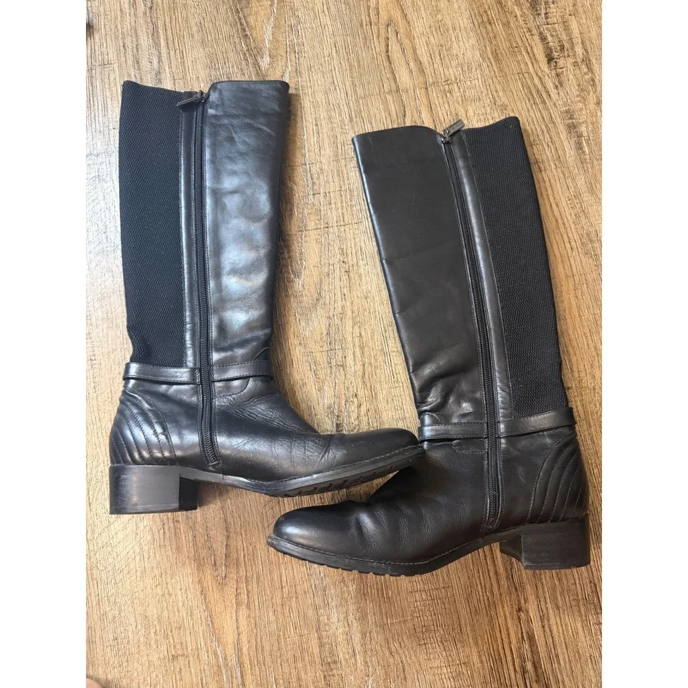 Aquatalia Black Leather Tall Weather Resistant Riding Boots Buckle Detail